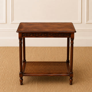 19th Century English Oak Two Tier Side Table with Caned Lower Shelf
