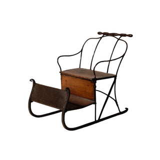 19th Century French Iron Sled with Oak Seat
