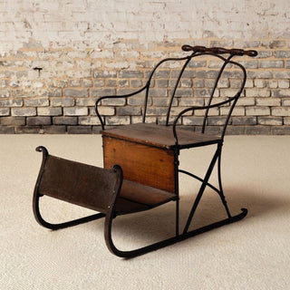 19th Century French Iron Sled with Oak Seat
