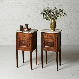 Circa 1920s Belgian Louis XVI Style Marble Top Bedside Tables (Set of 2)
