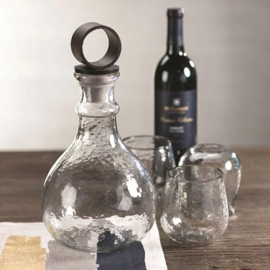 Artisan Hammered Glass Decanter with Wrought Iron Stopper - Thumbnail 2