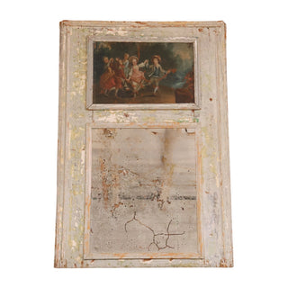 18th Century Green Patinated Wood and Canvas Inset Trumeau Mirror
