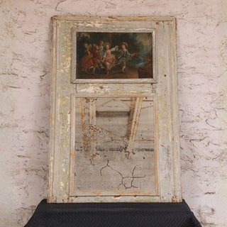 18th Century Green Patinated Wood and Canvas Inset Trumeau Mirror
