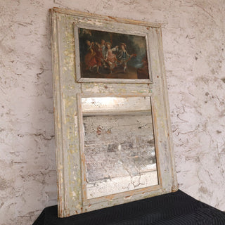 18th Century Green Patinated Wood and Canvas Inset Trumeau Mirror
