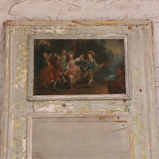 18th Century Green Patinated Wood and Canvas Inset Trumeau Mirror
