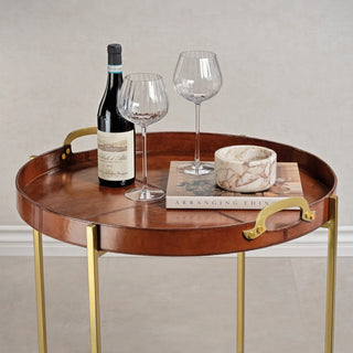 Aspen Leather with Brass Handles Round Tray on Stand
