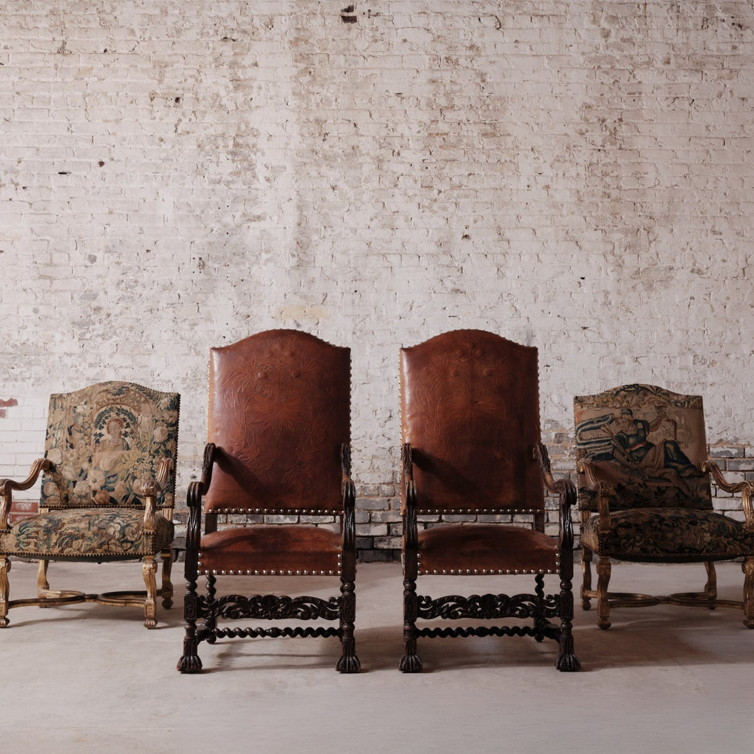 20th Century French Leather Embossed Armchairs (Set of 2) - Thumbnail 5