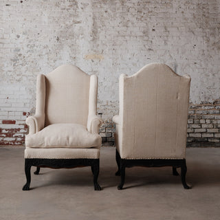 19th Century Italian Linen Wingback Chairs (Set of 2)
