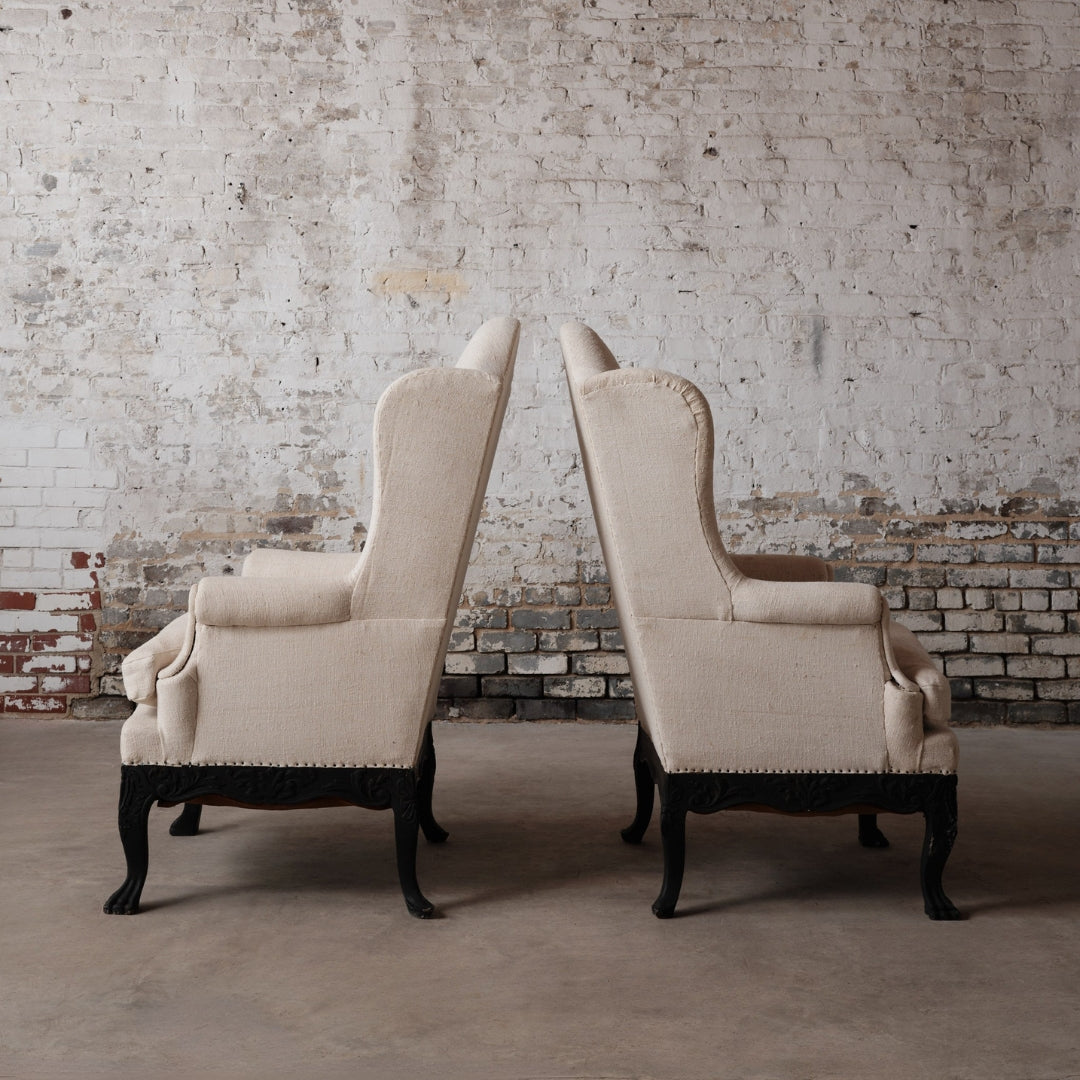 19th Century Italian Linen Wingback Chairs (Set of 2) - Thumbnail 3