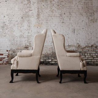 19th Century Italian Linen Wingback Chairs (Set of 2)
