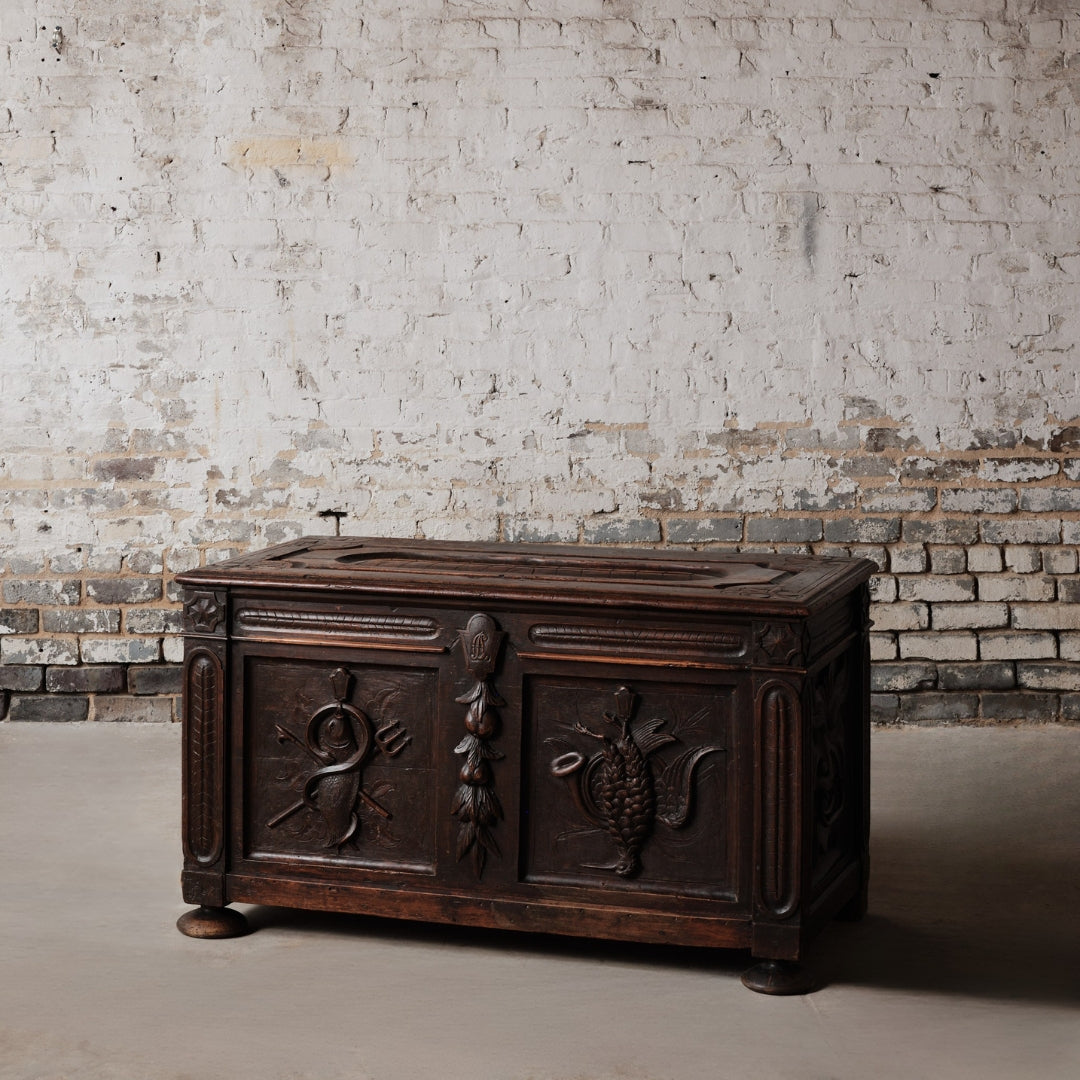 19th Century French Carved Oak Hunt Chest