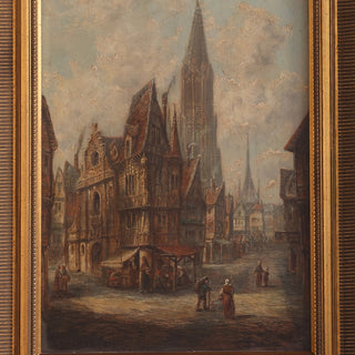 1930s Flemish Church Oil Painting on Canvas in Giltwood Frame
