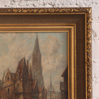 1930s Flemish Church Oil Painting on Canvas in Giltwood Frame
