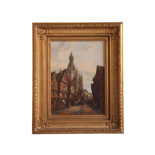 1930s Flemish Cathedral Oil Painting on Canvas in Giltwood Frame
