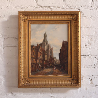 1930s Flemish Cathedral Oil Painting on Canvas in Giltwood Frame
