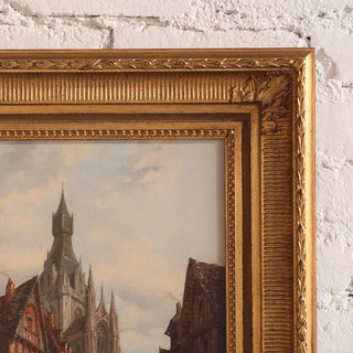 1930s Flemish Cathedral Oil Painting on Canvas in Giltwood Frame
