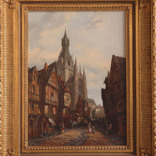 1930s Flemish Cathedral Oil Painting on Canvas in Giltwood Frame
