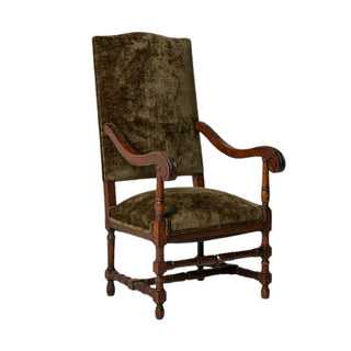 1920s Flemish Velvet & Oak Armchair

