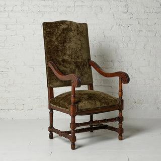 1920s Flemish Velvet & Oak Armchair
