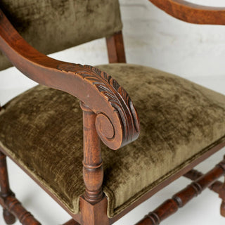 1920s Flemish Velvet & Oak Armchair

