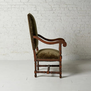 1920s Flemish Velvet & Oak Armchair
