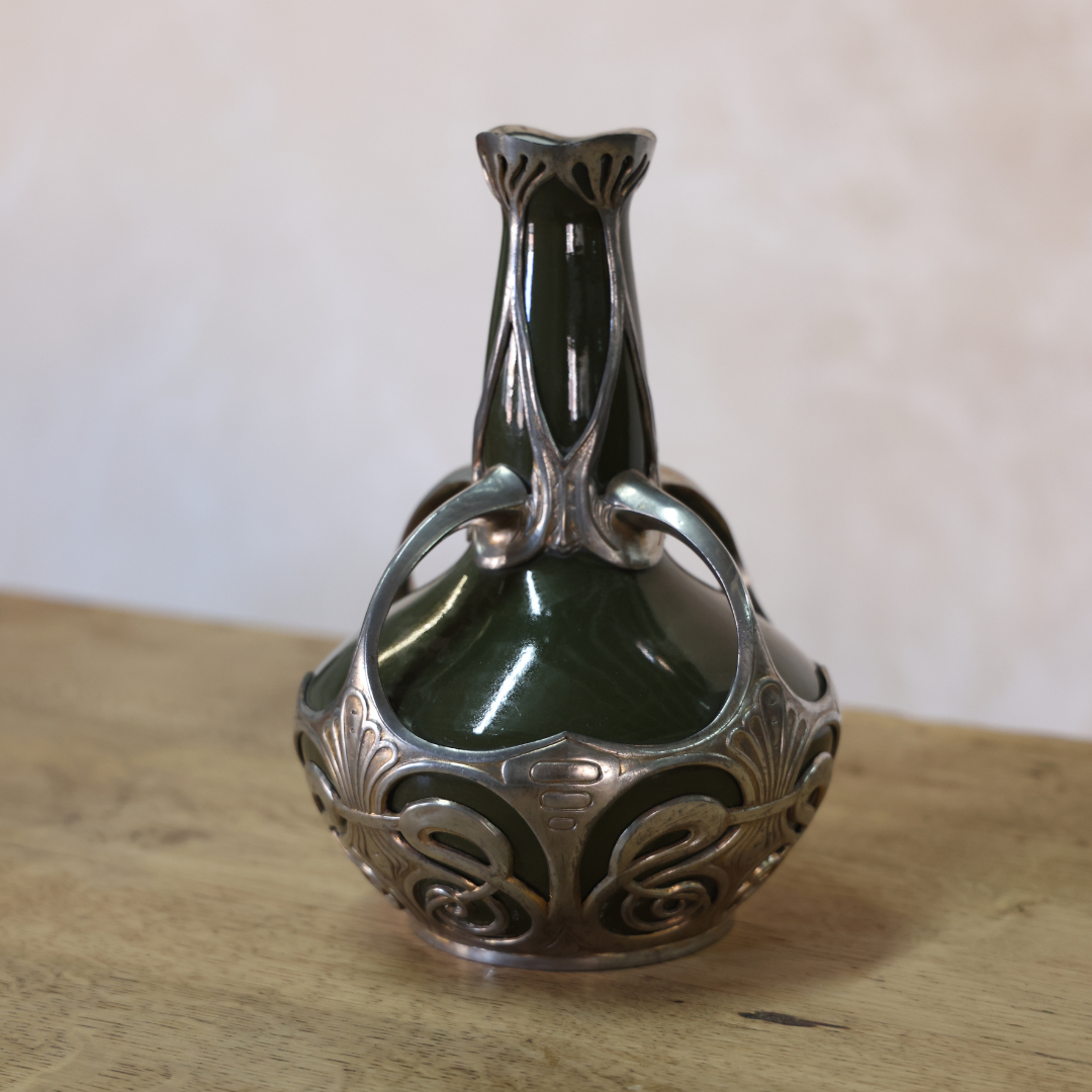 1910 Germany Ceramic & Pewter Vase - Thumbnail 2