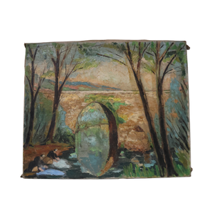 Mid 20th Century French Forest Bridge Painting
