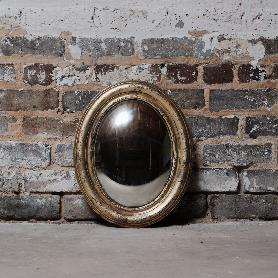 Mid-Century Medium Gold Convex Witch Mirror