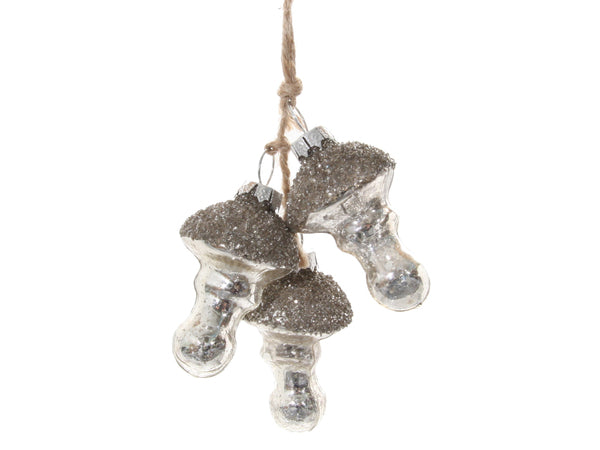 Antique Silver Glittered Glass Mushroom Ornament (Set of 3)